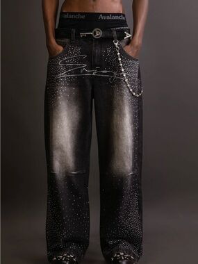 Avalanche Black Washed Relaxed Wide-Leg Jeans with Stud Embellishments